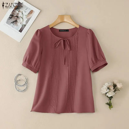 ZANZEA Elegant Solid Color Woman Blouses Lace Up O-Neck Short Puff Sleeve Pintuck Detail Women's Tops Summer Casual Blusas