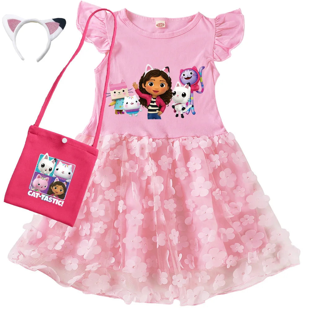Vestidos Gabbys Dollhouse Costume Kids Cartoon Gabby Chat Dress Baby Girls Summer Short Sleeve Casual Dresses and Bag & Headband