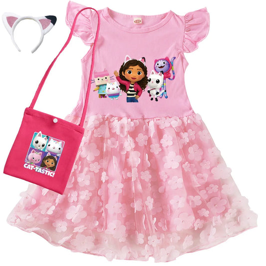 Vestidos Gabbys Dollhouse Costume Kids Cartoon Gabby Chat Dress Baby Girls Summer Short Sleeve Casual Dresses and Bag & Headband