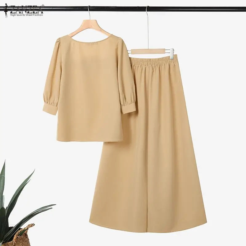 2026 Summer Outfits Elegant Women OL Work Wide Leg Pants Sets ZANZEA  Square Neck 3/4 Sleeve Blouse Trousers Solid 2 Pieces Sets