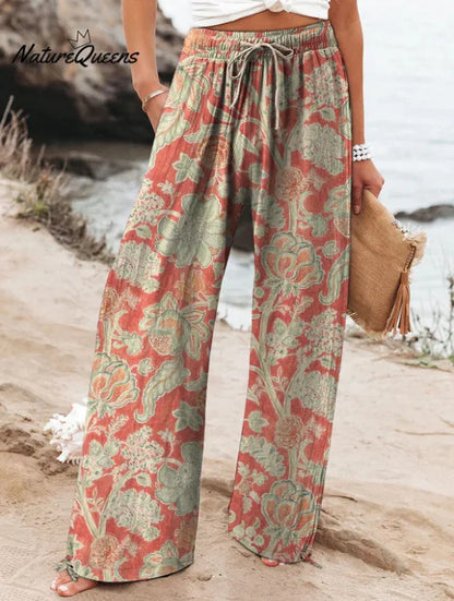Women's New High Waist Loose Casual Wide Leg Print Pants Summer Beach EU US Style Comfy Flowy Trousers