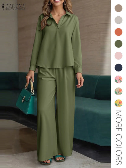 ZANZEA 2025 Autumn Outfits Women Stylish Printed Matching Sets Casual Long Sleeve Tops Wide Leg Pant Sets Fashion Work Tracksuit