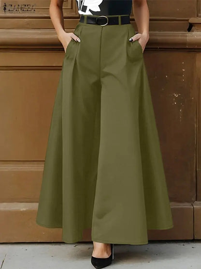 ZANZEA Stylish Women's Wide Leg Pants Elegant High Waist Loose Solid Color Trousers 2025 Autumn Commuting Streetwear S-3XL