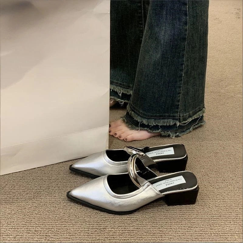 2026 New Women Cover Toe Mules Slippers Fashion Metal Decoration Thick Heel Slide Shoes Comfort Street Style Footwear