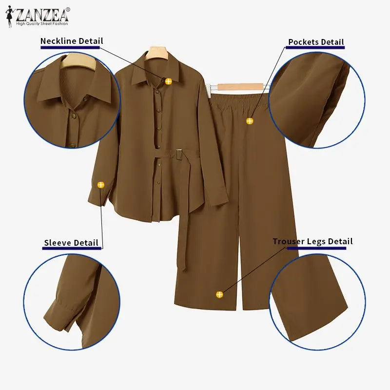 Modest Pant Suits for Hijabs Women Fashion Sashes Long Sleeve Shirts and Elastic Waist Pants 2 Piece Muslim Sets Islamic Outfits