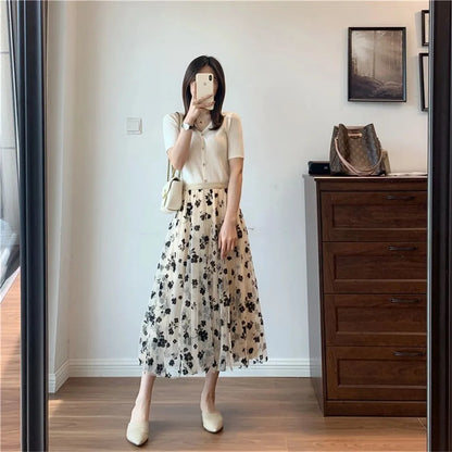 Mesh Floral Skirt Women 2023 Spring Summer Autumn Long Gauze Skirt High Waisted Grace Fashion Puff Skirts Elegant Mujer Printing