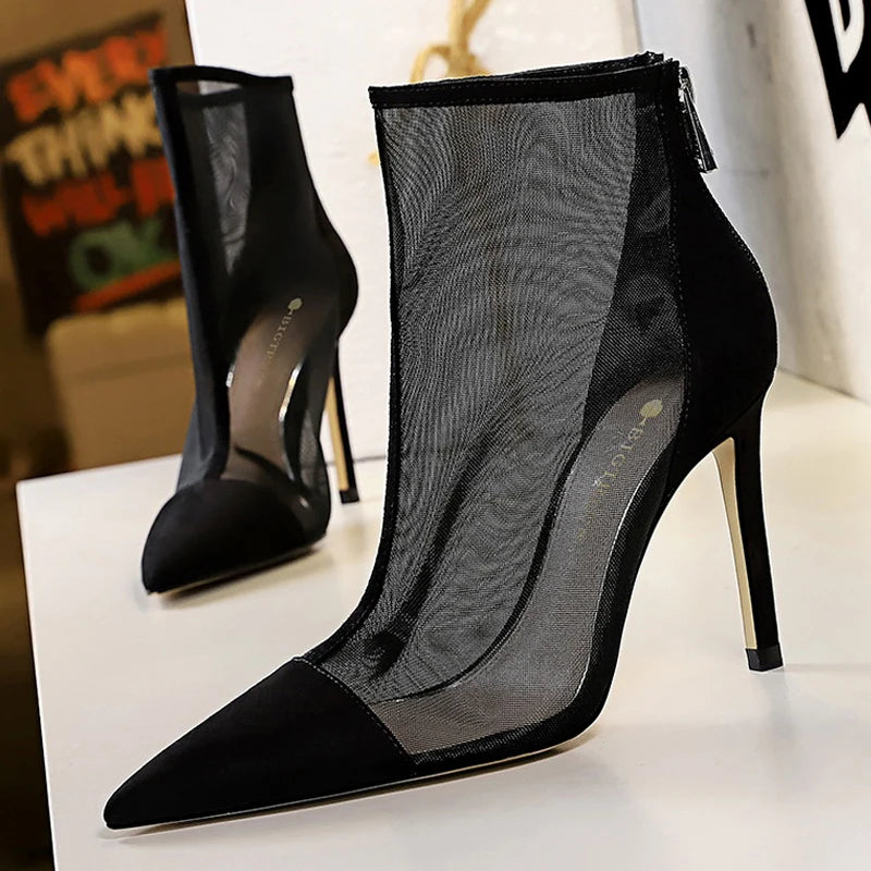 BIGTREE Shoes Mesh Hollow Women Boots Smmer Breathable Sandals Boots High Heels Stiletto Pointed Toe Short Boots Party Shoes NEW