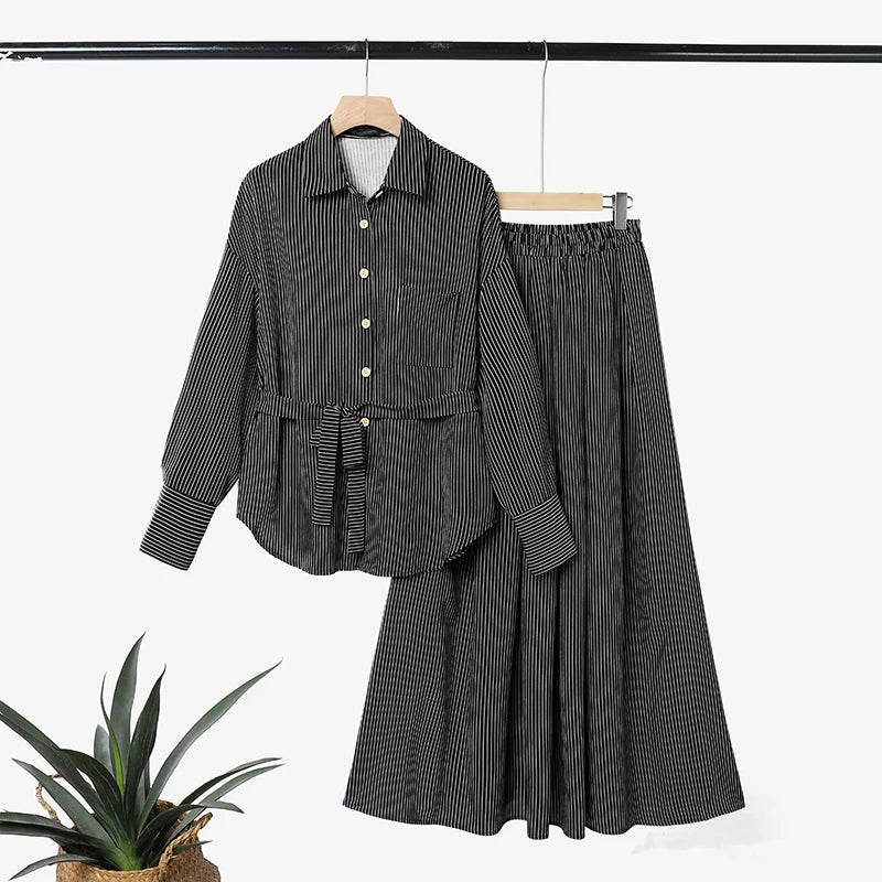 Women Muslim 2 Pieces Sets ZANZEA Ramadan Outfits Fashion Lapel Long Sleeve Shirt Dress Sets Elegant Striped OL Work Skirt Suit