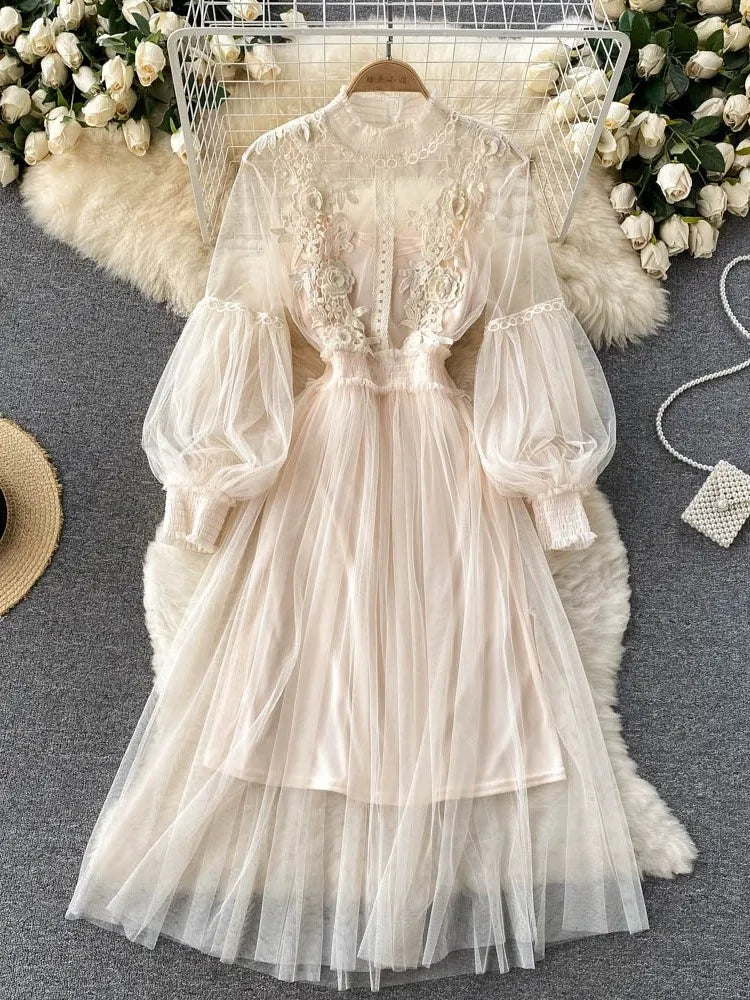 Ladies Dress Three-dimensional Flower See Through Mesh Temperament Stand Collar Lantern Sleeve High Waist Slim Female Dresses