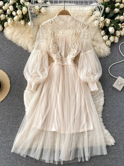 Ladies Dress Three-dimensional Flower See Through Mesh Temperament Stand Collar Lantern Sleeve High Waist Slim Female Dresses