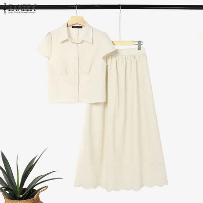 ZANZEA Women's Elegant Chic Skirt Sets Short Sleeve Short Shirt & Embroidered Maxi Skirt 2 Pieces Sets Outfits Korean Fashion