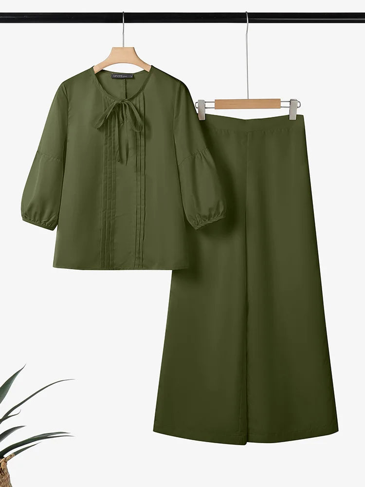 2026 ZANZEA Spring Pant Sets Women 2PCS Outfits O Neck 3/4 Sleeve Blouse Trousers Casual Solid OL Work Tracksuit 2 Pieces Sets