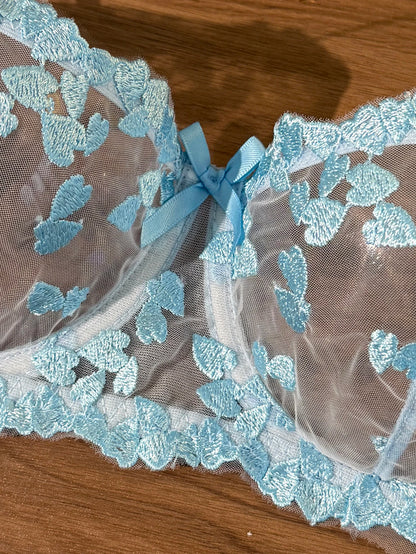 French Romantic Dreamy Light Blue Heart Embroidery Lace Underwear Set with Transparent Mesh Butterfly Knot Shoulder Strap Design