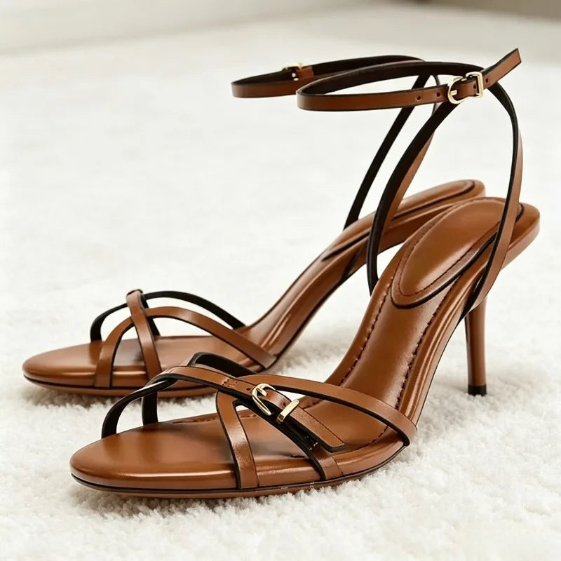 Fashion Narrow Band Buckle Detail Gladiator Sandals Women Brown Soft Leather Heeled Sandals Summer Sexy Open-toe Designer Shoes