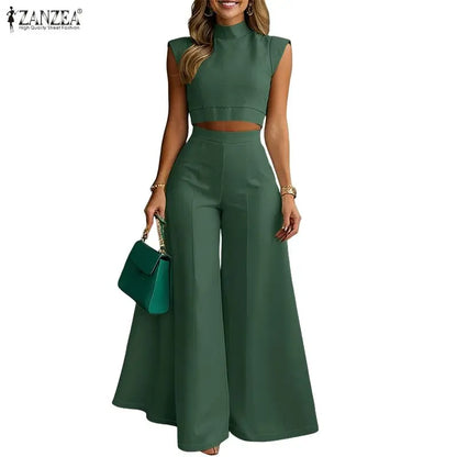 ZANZEA Women's Elegant Pant Suits Wide Leg Pant & Stand Collar Crop Top 2 Pieces Sets Minimalist Fashion Outfits Streetwear