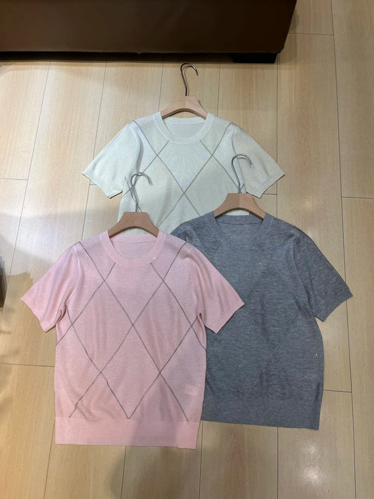Lace-up Sequined Short-sleeve Knitted Sweater