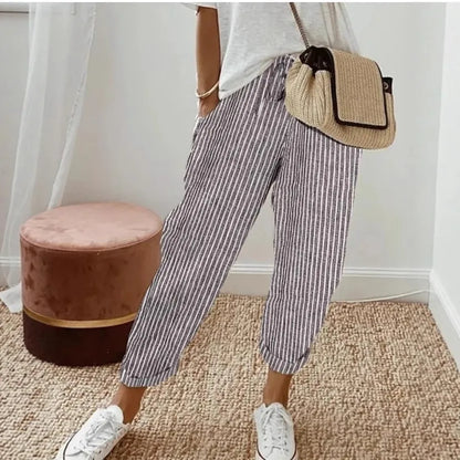 European and American Cross border Women's Summer New Fashionable Loose Stripe Printed Elastic Waist Drawstring Casual Pants