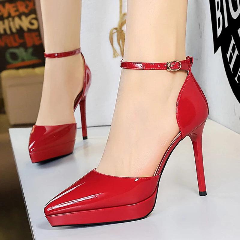 BIGTREE Shoes Platform Heels Women Pumps Patent Leather High-Heeled Sandals Women Summer Shoes Stiletto Heels 10.5 Cm Party Shoe