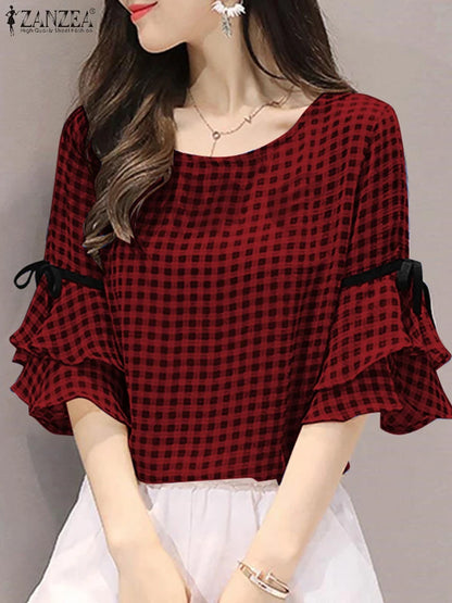 ZANZEA Womens Vintage Gingham Blouses Elegant O-Neck Lace-Up 3/4 Ruffles Sleeve Blusas Mujer Summer 2025 Day Wear Tunic Tops