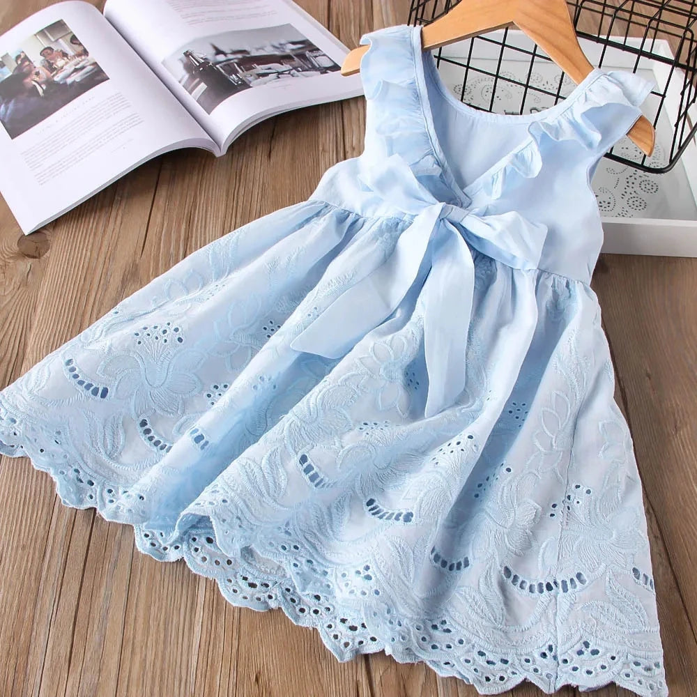 2024 New Girls' Dresses Children'S Summer Cotton Embroidered Hollow Dress Baby Kids Clothing Cute Ruffled Round Neck Vest Dress