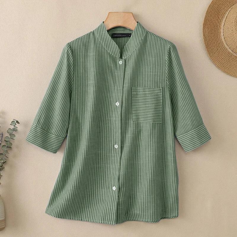 ZANZEA Woman Striped Shirts Stand Collar Half Sleeve Button Up Patch Pocket Tops Spring Summer Daily Casual Chemises Femme