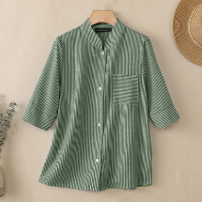ZANZEA Woman Striped Shirts Stand Collar Half Sleeve Button Up Patch Pocket Tops Spring Summer Daily Casual Chemises Femme