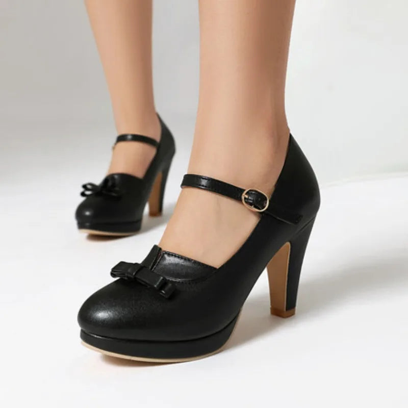 Sweet Women's High Heels Pumps Big Size 48 Lolita Mary Janes Shoes Blue Black Red Pink Heeled Office Wedding Shoes for Girls