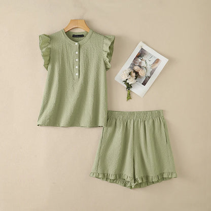 ZANZEA Women's Seersucker Grid Short Sets Ruffles Sleeves Tops & Elastic Waist Shorts 2-Piece Sets Summer Casual Daily Co-ords