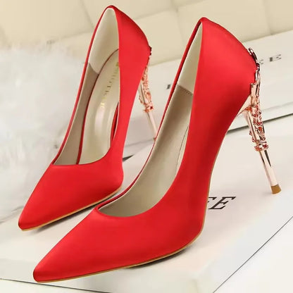 BIGTREE Shoes Women Pumps Flower Carved Metal Heel Women Shoes Fashion Wedding Shoes Satins Stilettos Heels 10 Cm High Heels