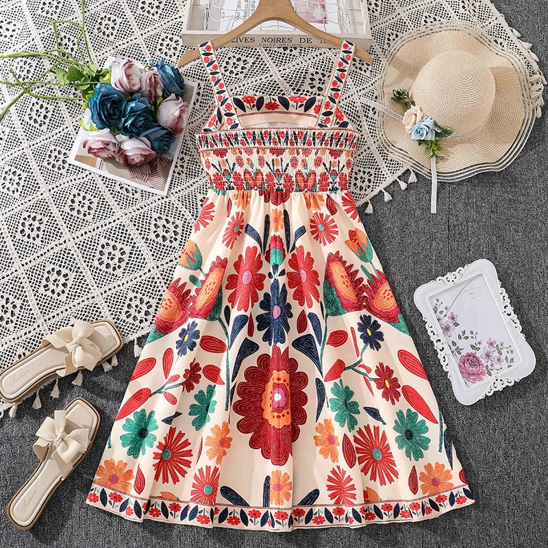 Girls 8-12 Vibrant Floral Dress, Front Spaghetti Straps Square Neck A-Line Skirt/Back Smocked Waist, Casual Kids Dress