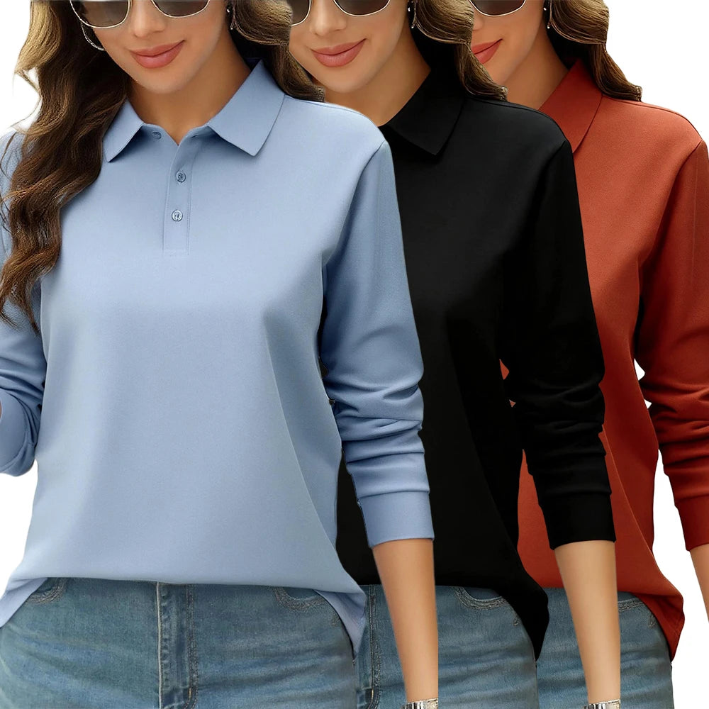 Solid Color Autumn Womens T-Shirt Soft Comfortable Polo Shirt All-Match Lapel Streetwear Unisex Hip Hop Woman Long Sleeve