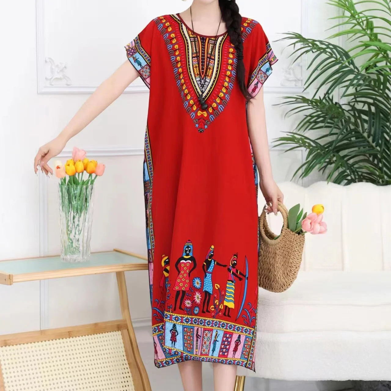 Women Bohemian Ethnic Printed Holiday Dress V-Neck Elastic Waist Casual Batswing Sleeve Mid Dress Elegant Vintage Retro Dress