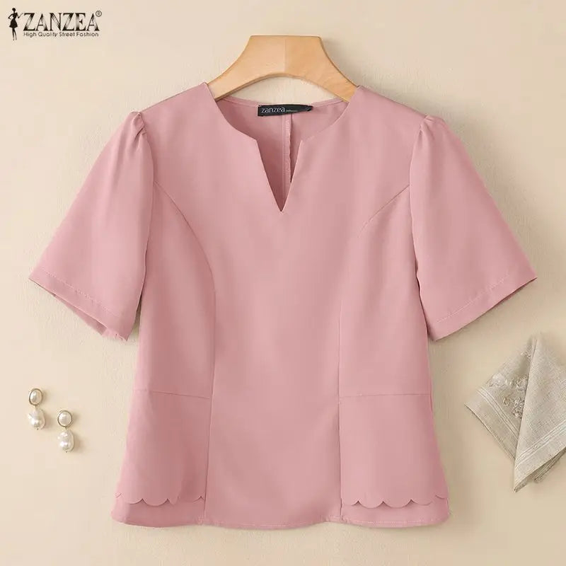 ZANZEA Women Elegant Layered Detail Blouses Summer Short Sleeve V-Neck Cinch Waist Solid Color Tops Day to Night Blusas Mujer