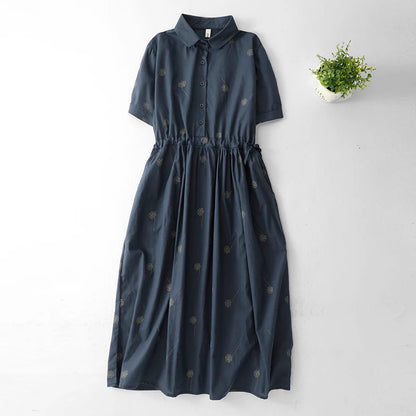Cotton and Linen Printed Short-sleeved Single-breasted Shirt Dress Women's Summer New Artistic Chinese Style Chic Casual Dress