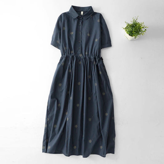Cotton and Linen Printed Short-sleeved Single-breasted Shirt Dress Women's Summer New Artistic Chinese Style Chic Casual Dress