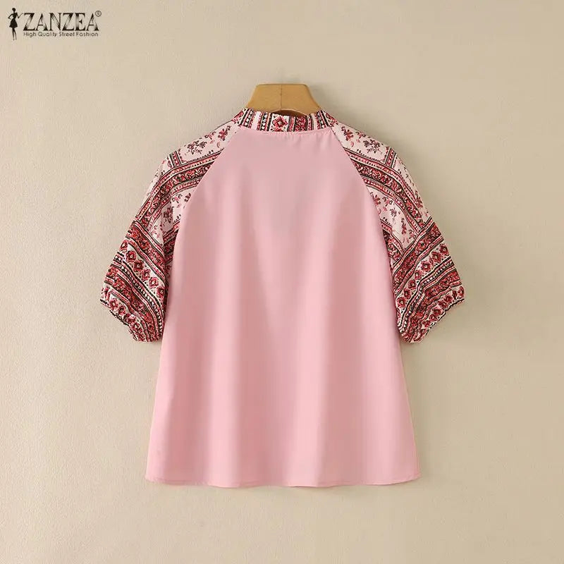 ZANZEA Bohemian Printing Patchwork Blouses Woman Elegant Tie Neck Lantern Sleeves Loose Tops Summer Casual Daily Wear Blusas