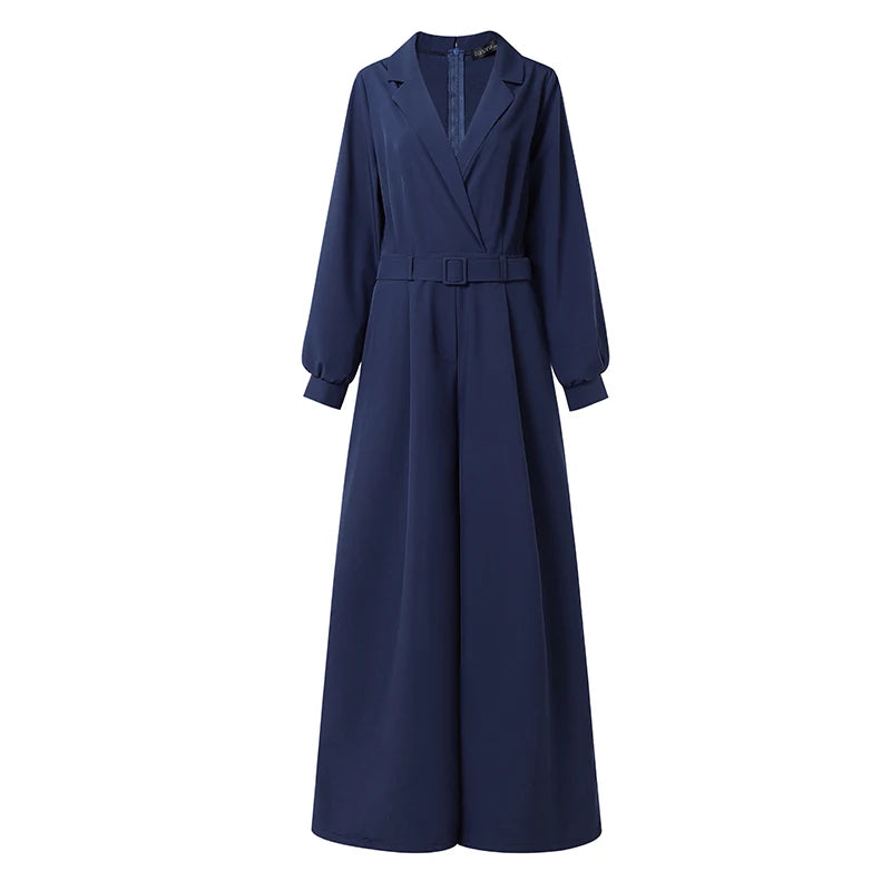ZANZEA Women's Minimalist Jumpsuits Summer Lapel Neck Long Sleeve Belted Wide Leg Pant Overalls Elegant Office Work Playsuits