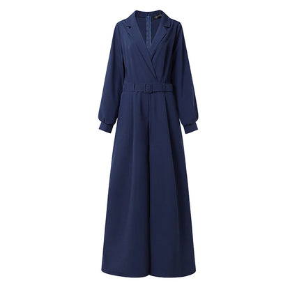 ZANZEA Women's Minimalist Jumpsuits Summer Lapel Neck Long Sleeve Belted Wide Leg Pant Overalls Elegant Office Work Playsuits