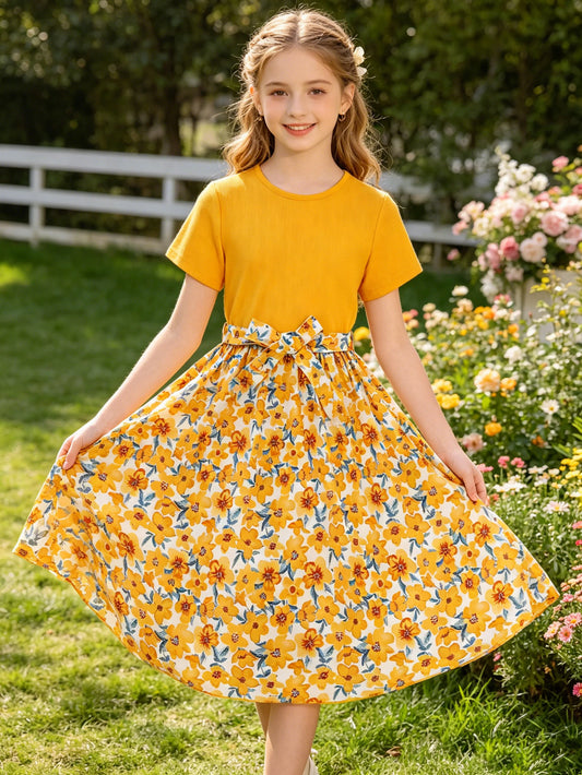 Casual Sweet Girl Patchwork Floral Short Sleeve Dress Solid Color Round Neck Top Summer Gift for Girls