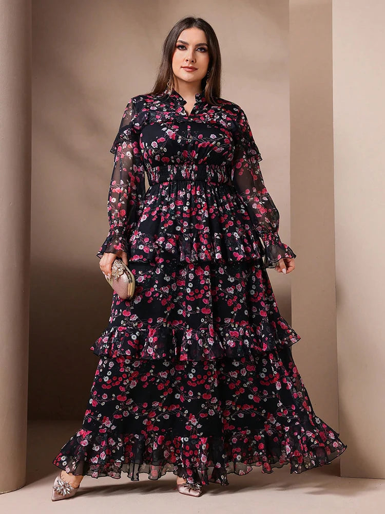 TOLEEN Spring Summer Plus Size Women's Elegant Floral Print Mesh Flare Sleeve Dress 2024 New in Casual V-Neck Party Long Dresses