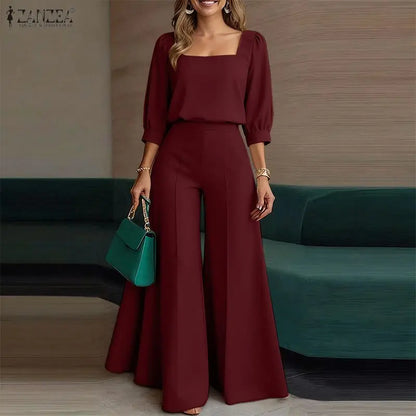 2026 Summer Outfits Elegant Women OL Work Wide Leg Pants Sets ZANZEA  Square Neck 3/4 Sleeve Blouse Trousers Solid 2 Pieces Sets