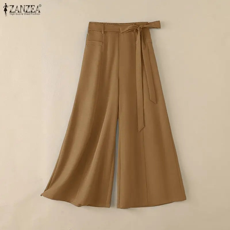 Women Plus Size 5XL Flowy Wide Leg Pants Loose High Waist Belted Trousers ZANZEA Autumn Office Work Solid Casual Palazzo Pants