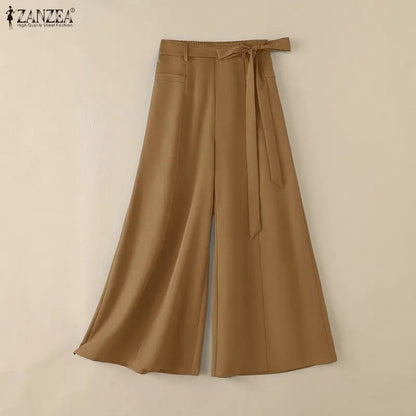 Women Plus Size 5XL Flowy Wide Leg Pants Loose High Waist Belted Trousers ZANZEA Autumn Office Work Solid Casual Palazzo Pants