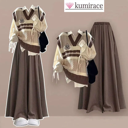 2024 Autumn/Winter New Korean College Style Knitted Vest Shirt Two Piece Set Loose Pants Skirt Three Piece SetWomen's Skirt Pant