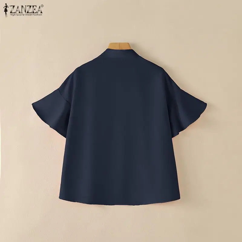 ZANZEA Vintage Kimono Blouses Woman V-Neck Short Sleeve Bow Details High-Low Pullover Tops Casual Day Wear Loose Blusas Mujer