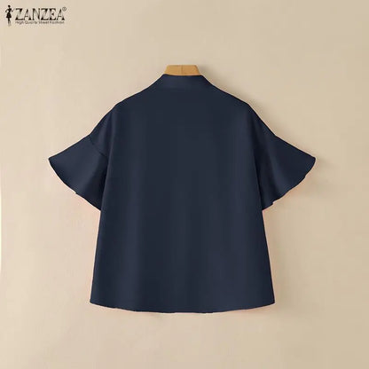 ZANZEA Vintage Kimono Blouses Woman V-Neck Short Sleeve Bow Details High-Low Pullover Tops Casual Day Wear Loose Blusas Mujer