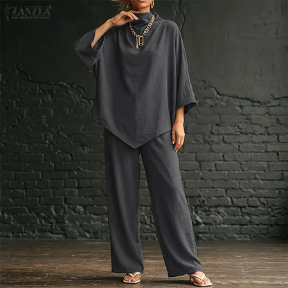 ZANZEA Stylish Autumn 2 Pieces Sets Turtleneck 3/4 Bating Sleeve Oversize Blouse Trousers Suit Women 2PCS Outfits OL Tracksuit