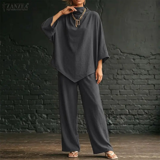 ZANZEA Stylish Autumn 2 Pieces Sets Turtleneck 3/4 Bating Sleeve Oversize Blouse Trousers Suit Women 2PCS Outfits OL Tracksuit