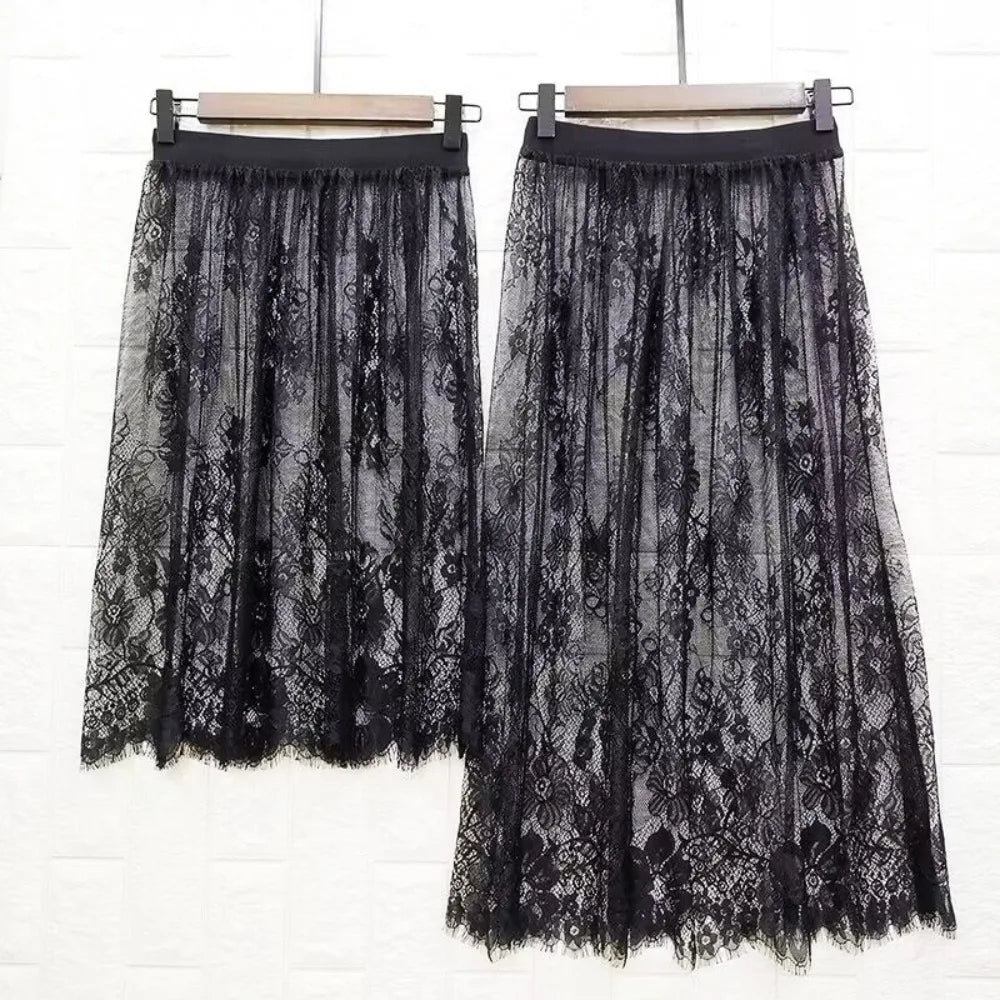 Fashion Transparent Sexy Lace Mesh Skirt Elegant Lace Long Tulle Skirt Ladies Elastic High Waist Womens Skirt Ladies