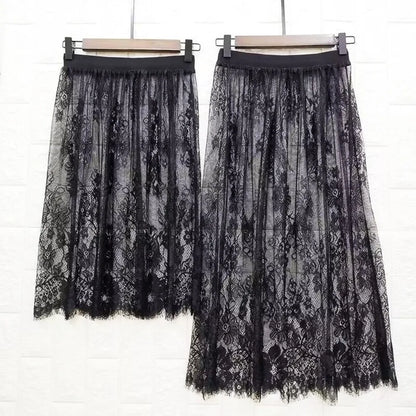 Fashion Transparent Sexy Lace Mesh Skirt Elegant Lace Long Tulle Skirt Ladies Elastic High Waist Womens Skirt Ladies
